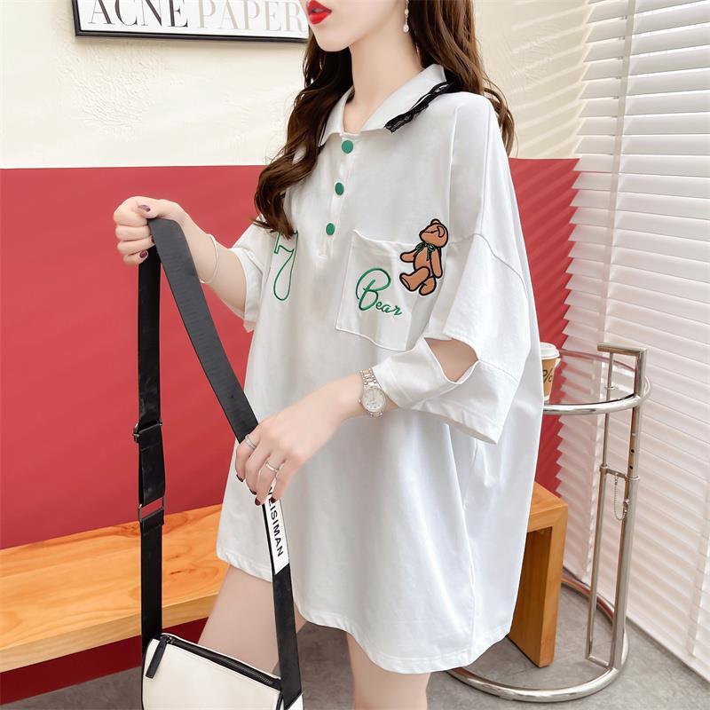 POLOネック   ベアー ロング Tシャツ 三色 ゆったりワンピース＜F-3991＞