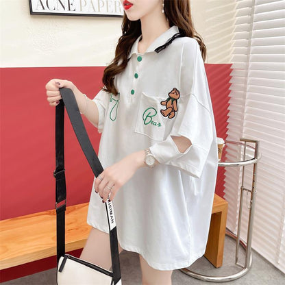 POLOネック   ベアー ロング Tシャツ 三色 ゆったりワンピース＜F-3991＞
