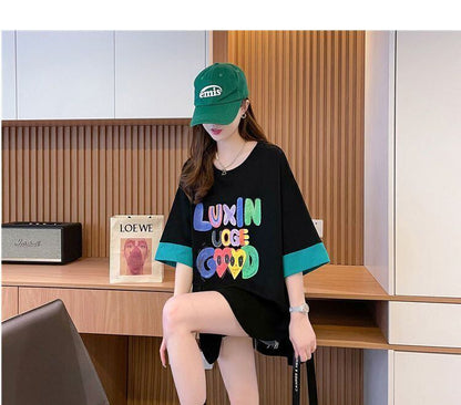 絶対欲しい プリント ラウンドネック 切り替え 全2色 半袖Tシャツ ＜F-8672＞