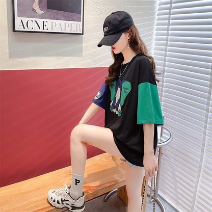 気質漫画カラーマッチング偽ツーピース半袖Tシャツ<F-2997>