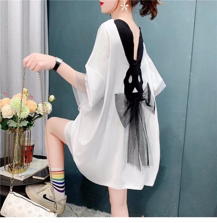 優しい雰囲気   バックオープン ロングTシャツ ゆったり半袖＜F-2939＞