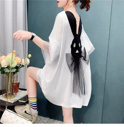 優しい雰囲気   バックオープン ロングTシャツ ゆったり半袖＜F-2939＞
