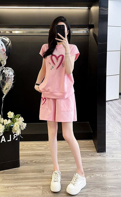 超人気 ホットダイヤモンド カジュアル プリント 半袖Tシャツ ショートパンツ セットアップ ＜F-9215＞