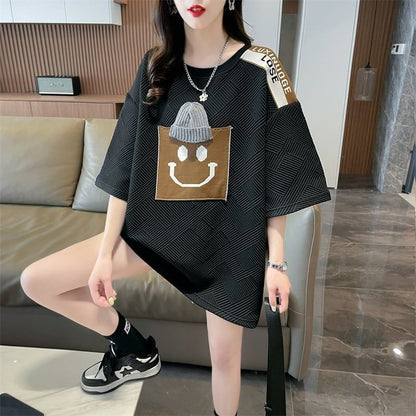 エレガントな立体ジャガードルーズウールパッチステッチ半袖Tシャツ<F-2901>