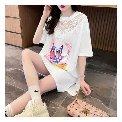 新商品 透かし彫り キュート レース 切り替え ゆったり 半袖Tシャツ＜F-8472＞