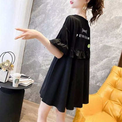 ミドル丈のイレギュラー半袖Tシャツワンピース<F-5007>