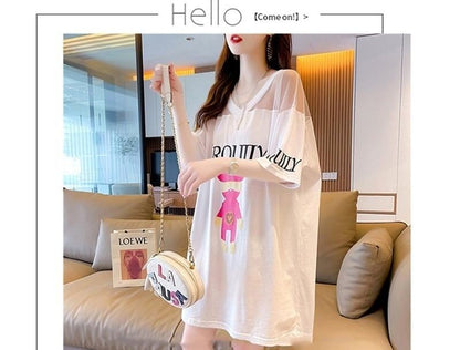 売り切れ必至 Vネック セクシー 切り替え チュール プリントTシャツ ゆったりワンピース ＜F-3050＞