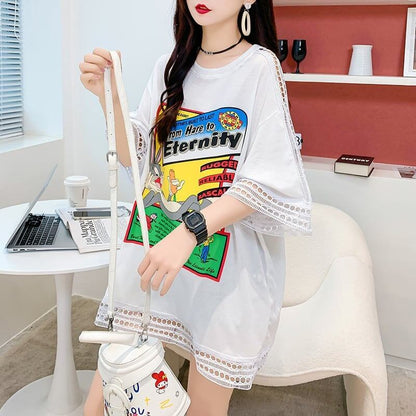 デザインセンス中空プリントTシャツルーズトップス<F-2877>