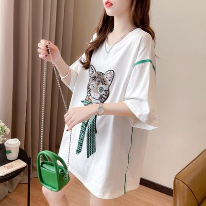 質感のいい 猫刺繍 立体のリボン ロング Tシャツ ゆったり半袖 ＜F-2919＞