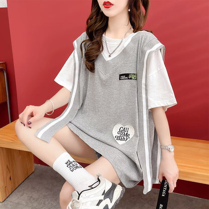 おすすめ アバンギャル 大活躍 ドレイヤード風 切り替え 全2色 半袖TシャツF-8752