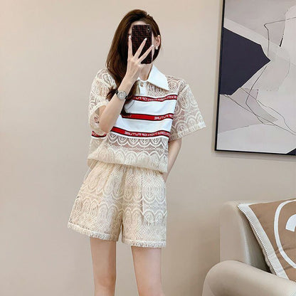 新商品 上品 着心地良い カジュアル 透かし彫り 半袖 Tシャツ ショートパンツ セットアップ ＜F-8785＞