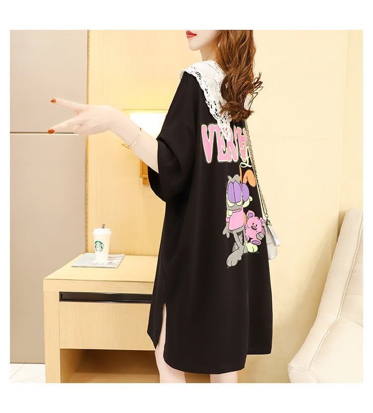 デザインセンスのあるミドル丈のトレンドプリントドールカラー半袖Tシャツワンピース<F-3018>
