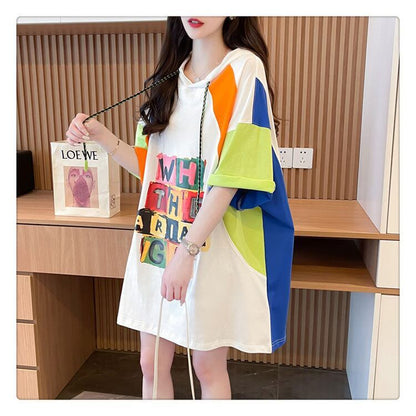 売り切れ必至 切り替え カジュアル カラーマッチング プリント全2色 半袖Tシャツ<F-8723>