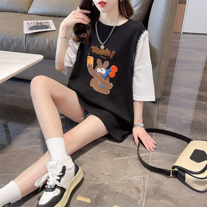 ワッフルフェイクツーピース漫画立体刺繍半袖Tシャツ<F-2871>