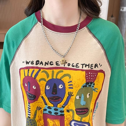 デザインセンスアメリカンレトロ漫画プリント半袖Tシャツニッチカラーマッチングトップスイン潮<F-2872>
