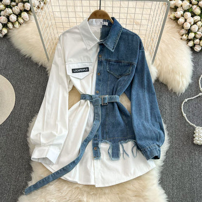 4色展開 デニム切り替えデザイン シャツワンピース（ベルト付き）F-13019
