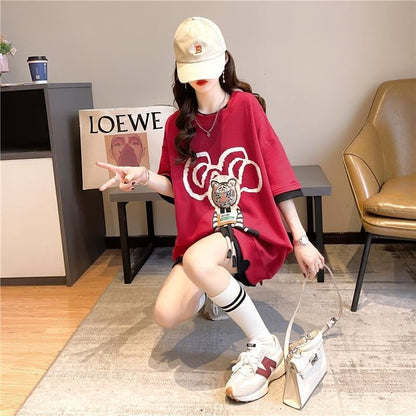 気質ルーズ漫画プリントミッドレングス半袖Tシャツ<F-3026>
