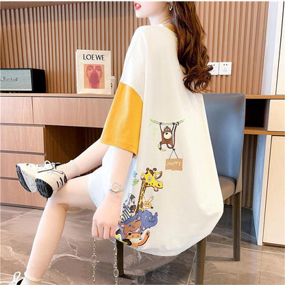 遊び心溢れるキュートなデザインのレディースゆったり半袖Tシャツ<F-2855>