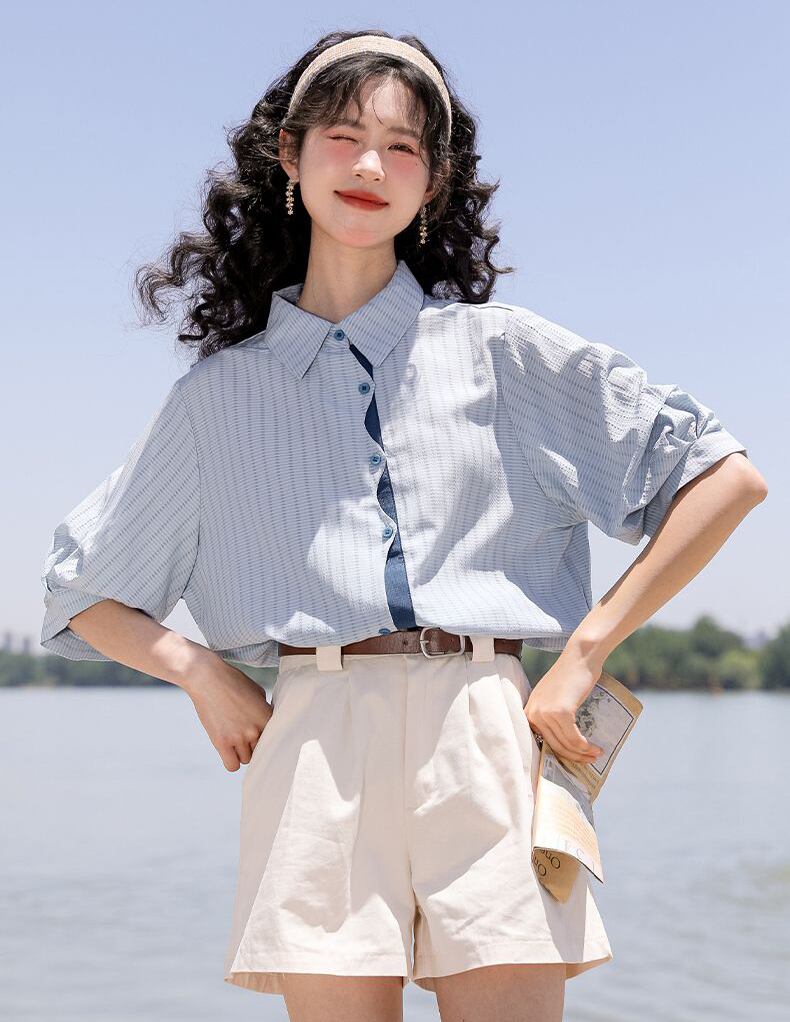 好感度UP 上質 美人度アップ 知的 ストライプ柄 3色選択 半袖シャツ＜F-9047＞