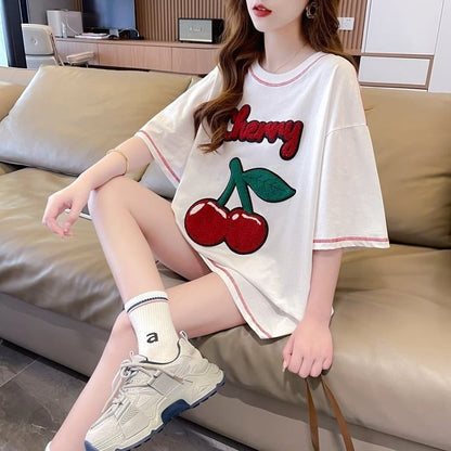 おすすめ新作 Tシャツ チェリー刺 ゆったり半袖＜F-2971＞
