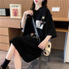 POLOネック 切り替え ストライプ柄 ロング Tシャツ ゆったりワンピース ＜F-3031＞