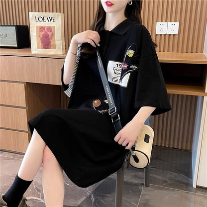 POLOネック 切り替え ストライプ柄 ロング Tシャツ ゆったりワンピース ＜F-3031＞