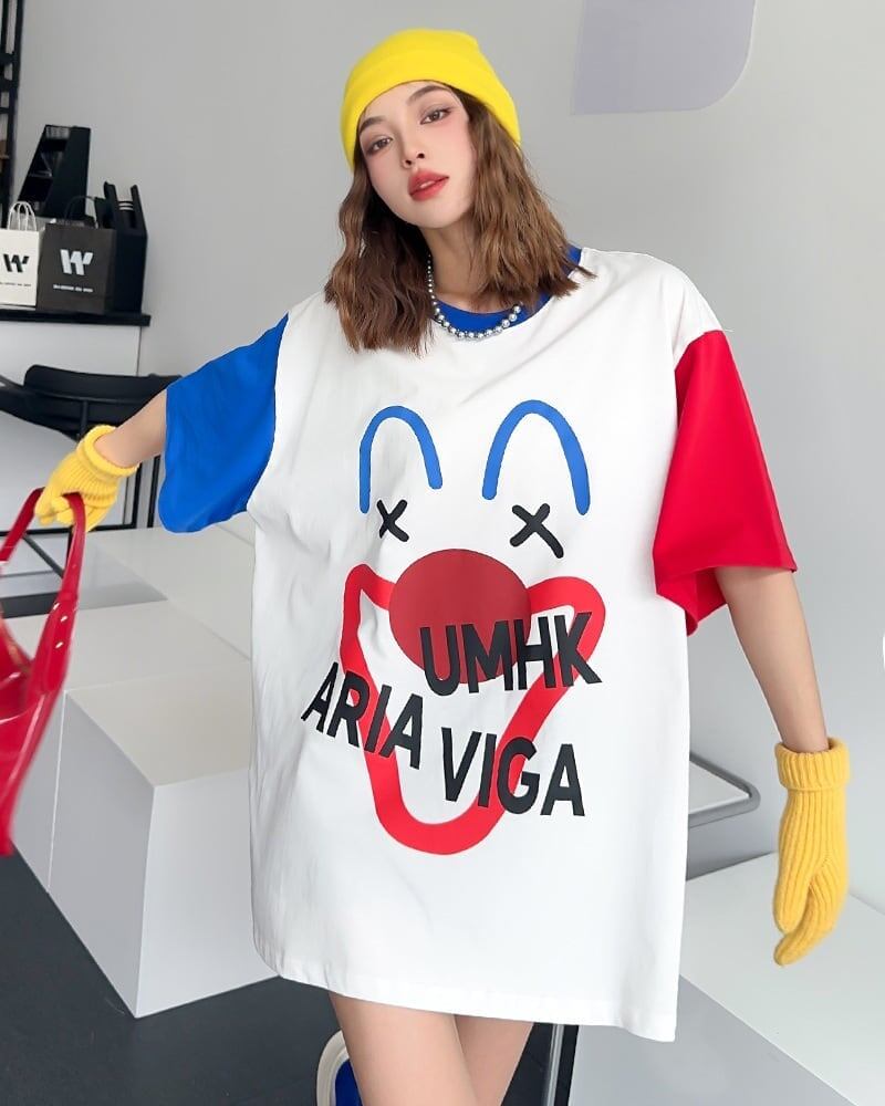 お勧めカラーマッチング ゆったり ビッグロゴ 半袖Tシャツ 全2色＜F-4838＞