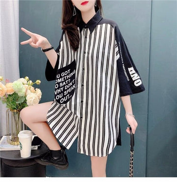ストライプ柄   POLOネック Tシャツ ゆったり 5分袖＜F-2938＞