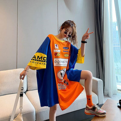 【半額！期間限定！！】超人気 個性派 絶対流行 アバンギャルド プリント 切り替え ゆったり ワンピース<F-8531>