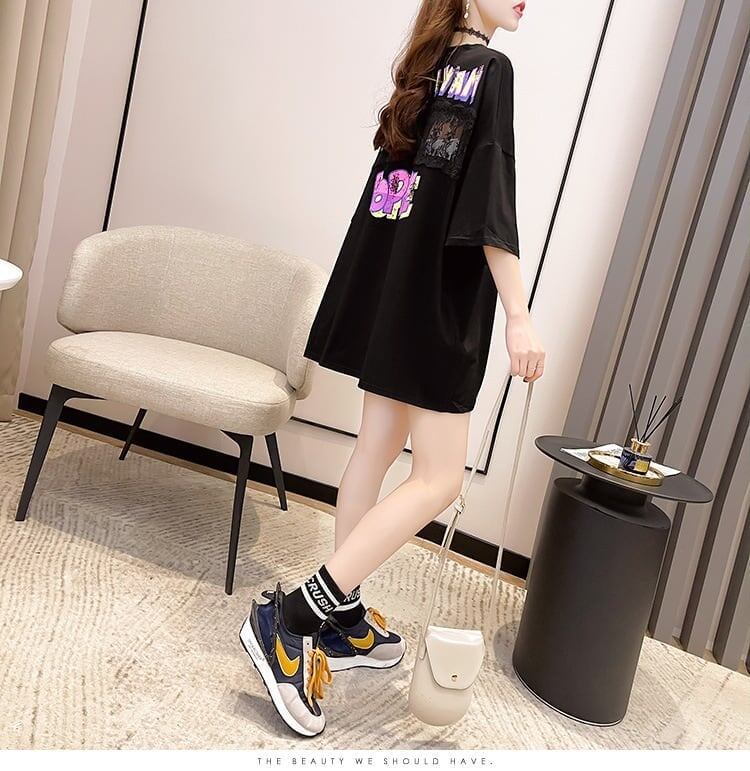 【半額！期間限定！！】グラフィック   透かし彫り Tシャツ ゆったりワンピース ＜F-4021＞