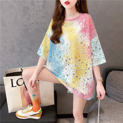 オシャレ度満点 ラウンドネック スタイリッシュ 透かし彫り Tシャツ カットソー＜F-2957＞