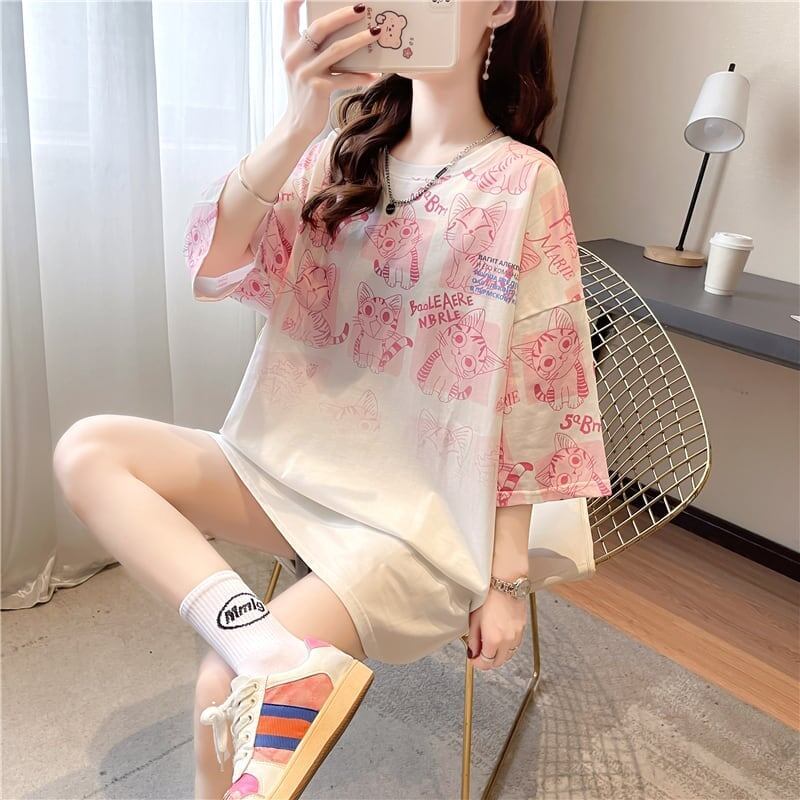 【半額！期間限定！！】大好評 プリント 猫柄 ロング Tシャツ 四色 ゆったりワンピース ＜F-4017＞
