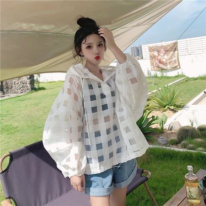 大人気 チェック柄 ゆったり 日焼け対策 UVカット 冷房対策 着?せ 長袖 フード付き シャツ ＜F-1910＞