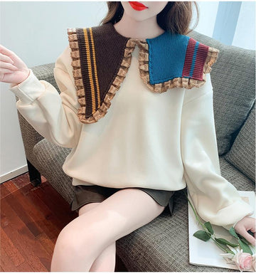 【秋の初めの割引！！】好感度UP   折り襟 配色 スウェット長袖Tシャツ＜F-3999＞
