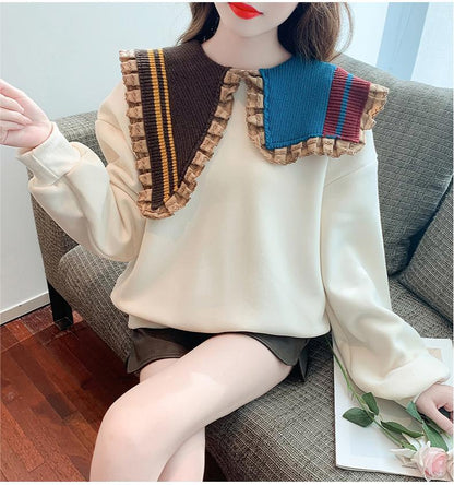 【秋の初めの割引！！】好感度UP   折り襟 配色 スウェット長袖Tシャツ＜F-3999＞