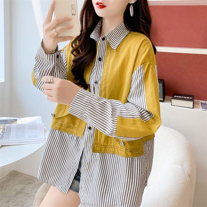 都市ファッショ デザイン オシャレ ストライプ柄 レイヤード風 全2色 シャツ＜F-9078＞