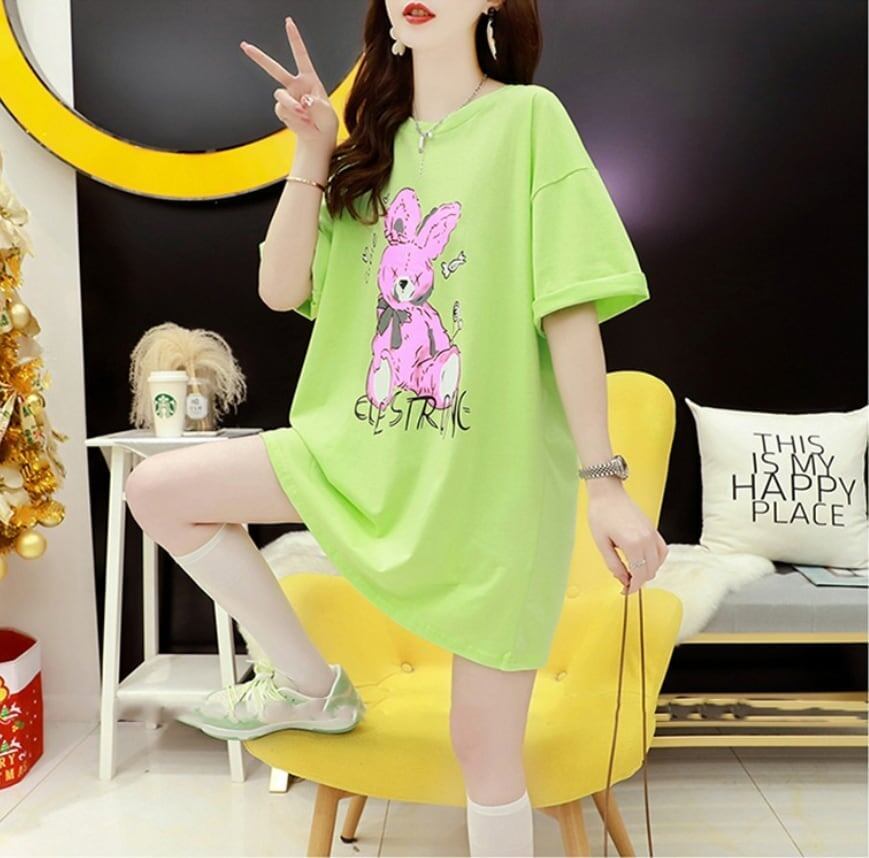 背中開きルーズオールマッチミドル丈ラウンドネック半袖Tシャツ<F-3027>