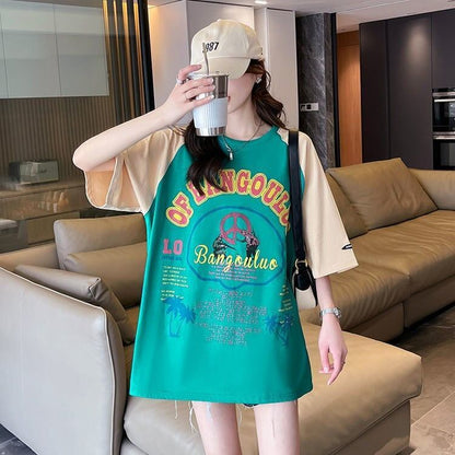 夏新作   プリント ラグランTシャツ 三色 ゆったりワンピース ＜F-4003＞