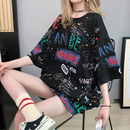 スタイリッシュ 切り替え 一目惚れ プリント Tシャツ カットソー＜F-3540＞
