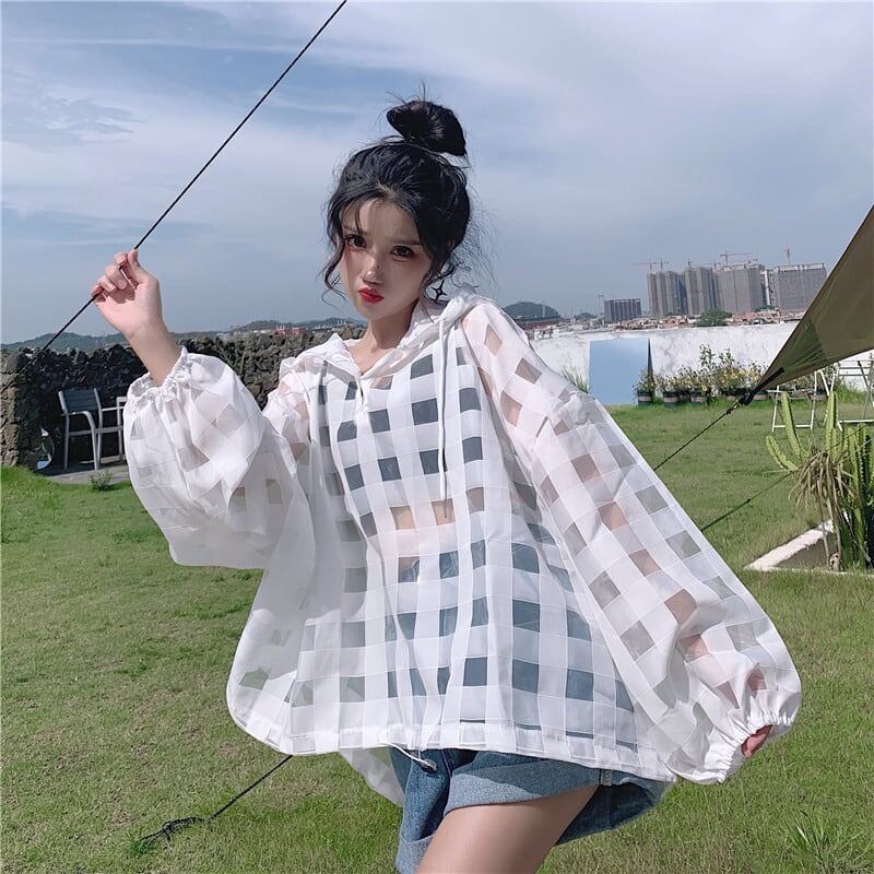 大人気 チェック柄 ゆったり 日焼け対策 UVカット 冷房対策 着?せ 長袖 フード付き シャツ ＜F-1910＞