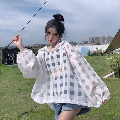 大人気 チェック柄 ゆったり 日焼け対策 UVカット 冷房対策 着?せ 長袖 フード付き シャツ ＜F-1910＞