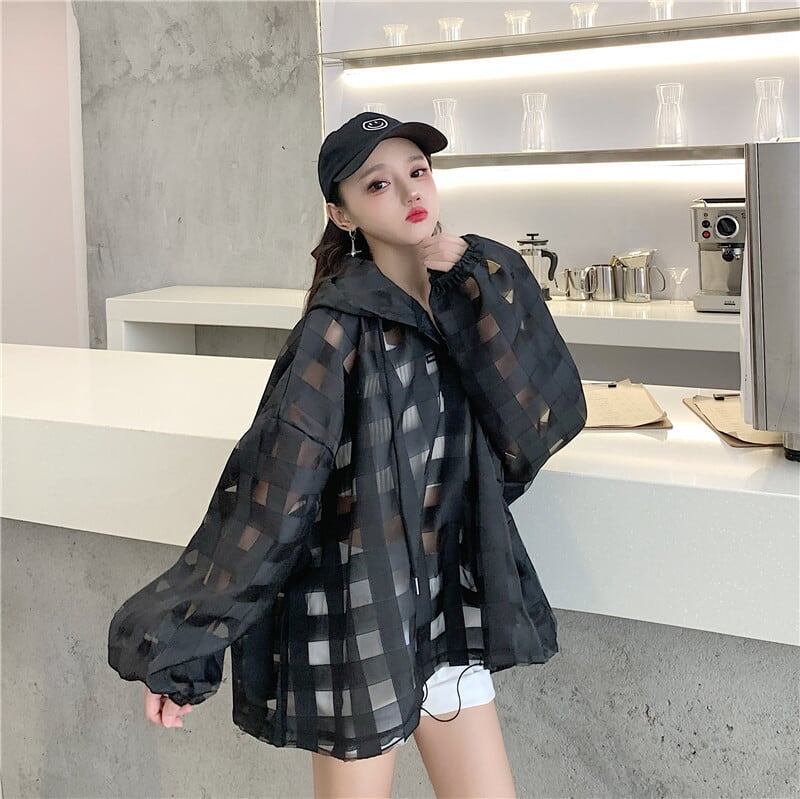 大人気 チェック柄 ゆったり 日焼け対策 UVカット 冷房対策 着?せ 長袖 フード付き シャツ ＜F-1910＞