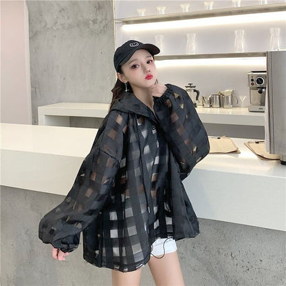 大人気 チェック柄 ゆったり 日焼け対策 UVカット 冷房対策 着?せ 長袖 フード付き シャツ ＜F-1910＞