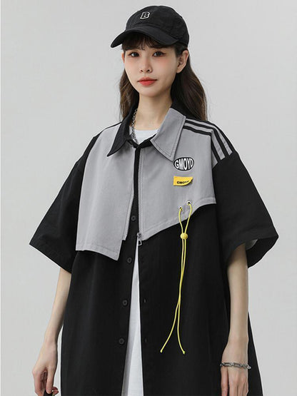 シンプルだけど一癖あるコーデ 切り替え レイヤード風 全2色 半袖TシャツF-9046