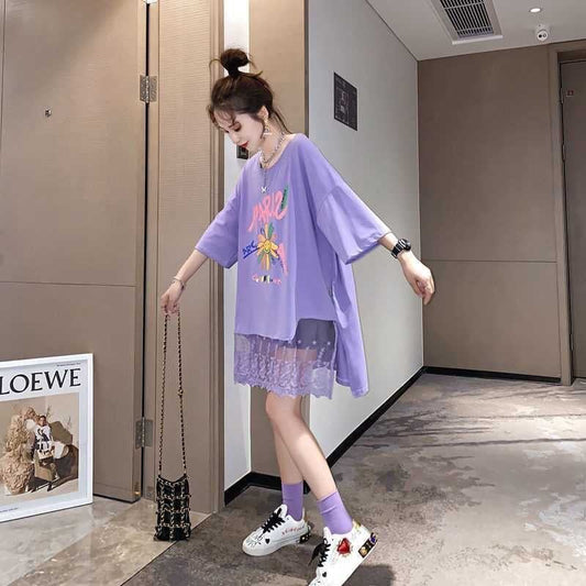 スウィート   レース プリント ロングTシャツ ゆったり半袖＜F-2952＞