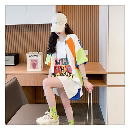 売り切れ必至 切り替え カジュアル カラーマッチング プリント全2色 半袖Tシャツ<F-8723>
