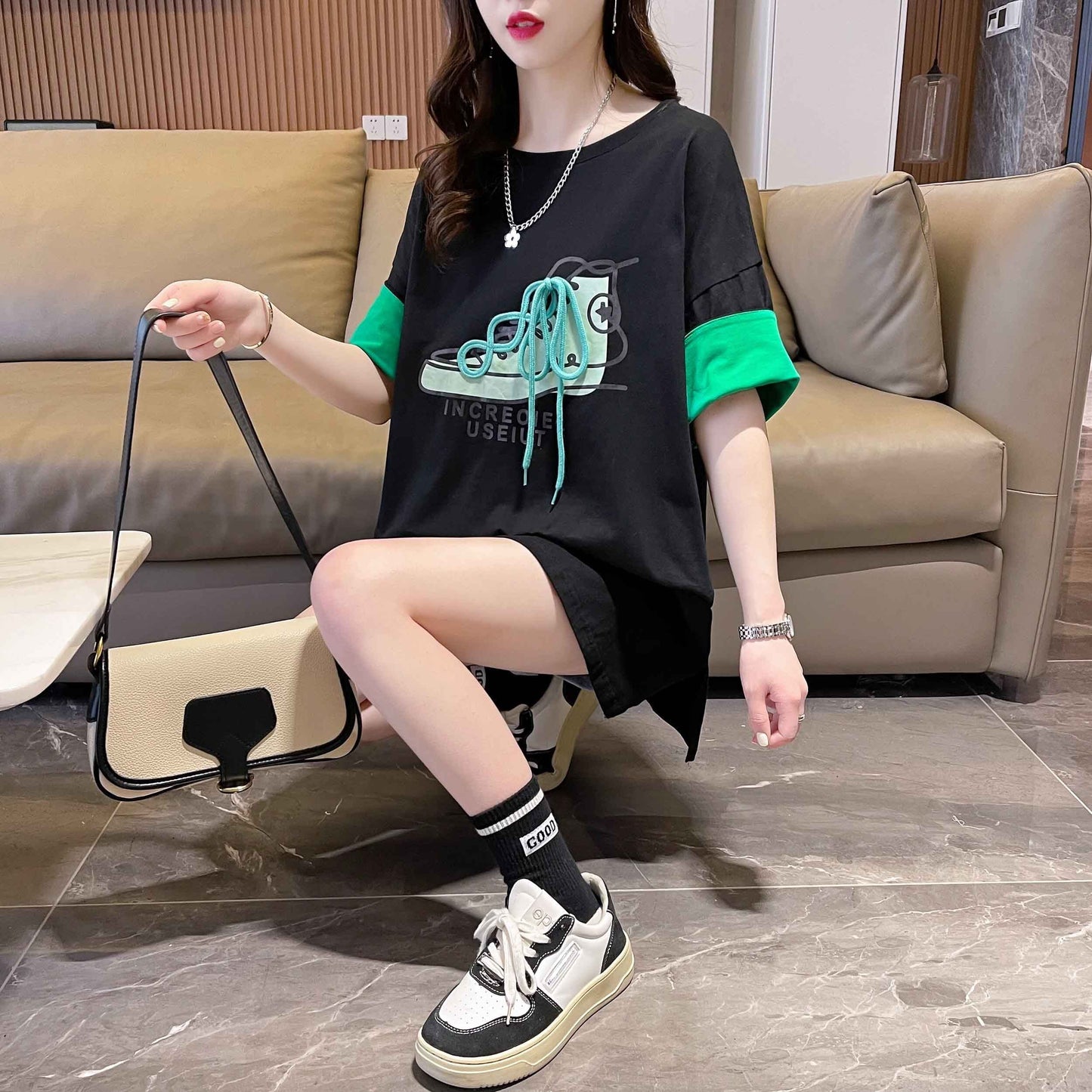 韓国系   ラウンドネック Tシャツ ゆったり半袖 ＜F-2988＞