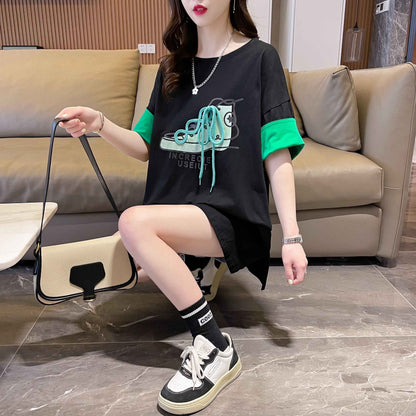 韓国系   ラウンドネック Tシャツ ゆったり半袖 ＜F-2988＞