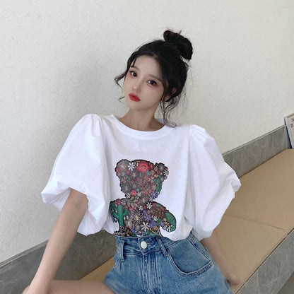 キュート プリント ファッション ゆったり 全4色 半袖 Tシャツ＜F-11521＞