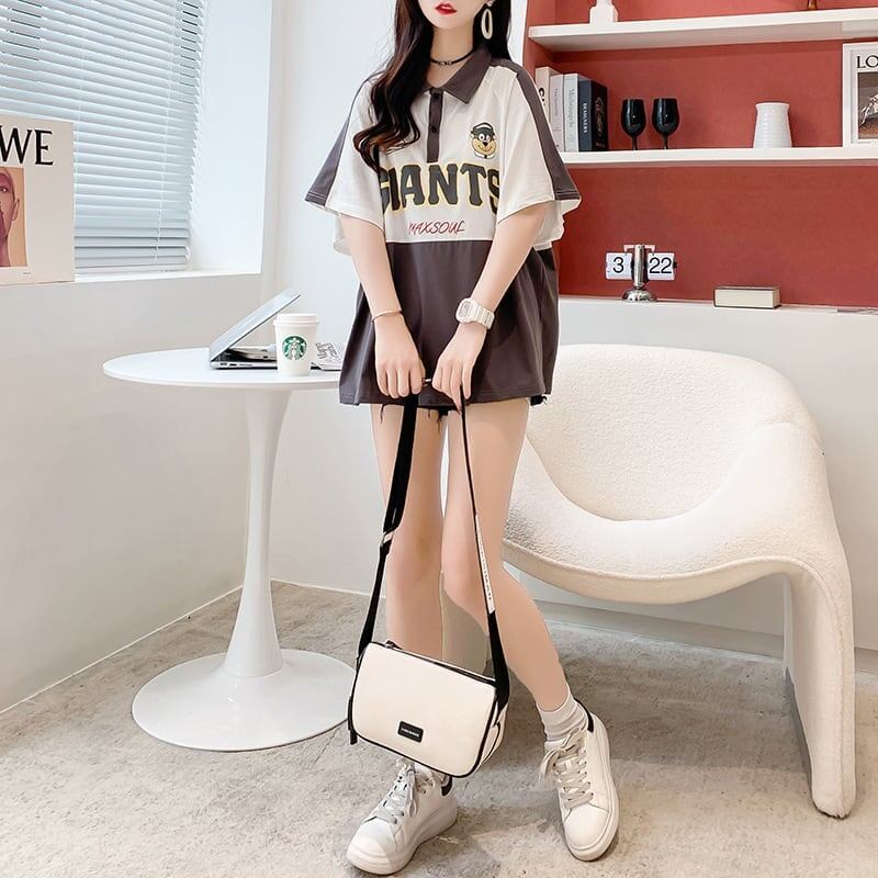 ファッションカジュアルネットレッドルーズポロカラー半袖Tシャツ<F-2856>